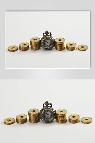 六叠铜币货币怀表金融贸易摄影图片