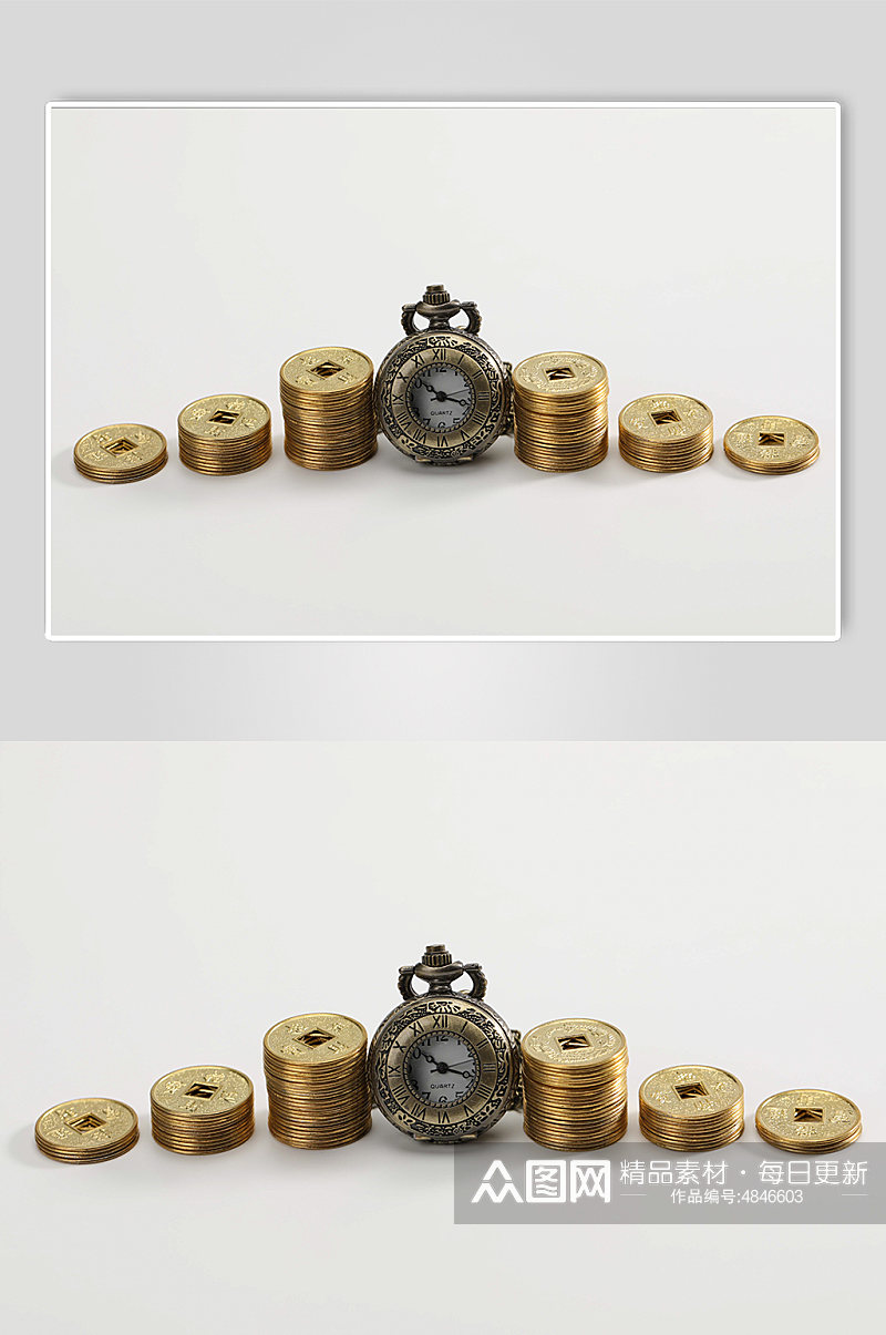 六叠铜币货币怀表金融贸易摄影图片素材