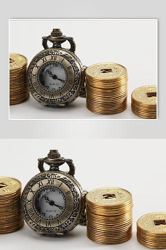 三叠铜币货币怀表金融贸易摄影图片