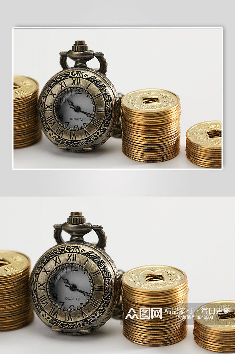 三叠铜币货币怀表金融贸易摄影图片素材