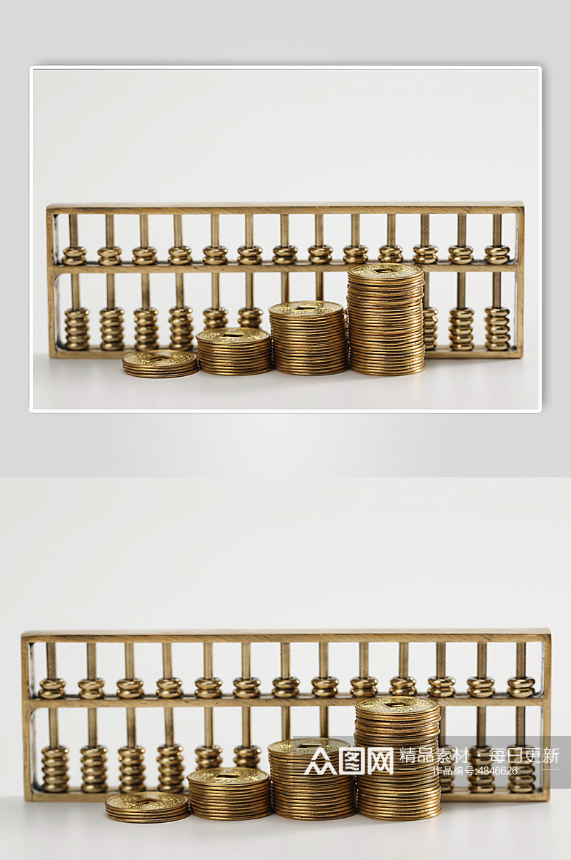 四叠铜币货币算盘金融贸易摄影图片素材