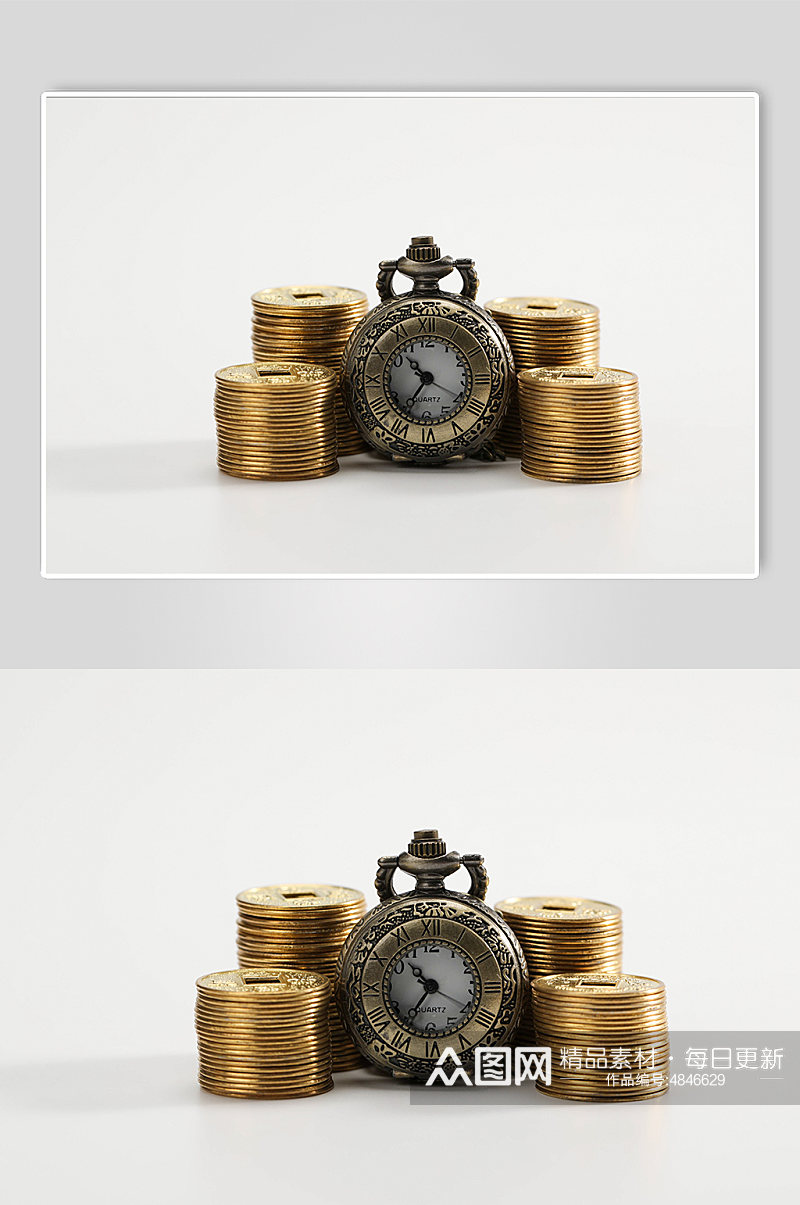 四叠铜币货币怀表金融贸易摄影图片素材