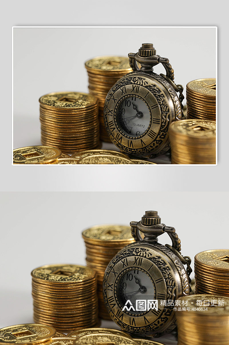 一堆铜币货币怀表金融贸易摄影图片素材
