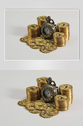 一堆铜币货币怀表金融贸易摄影图片
