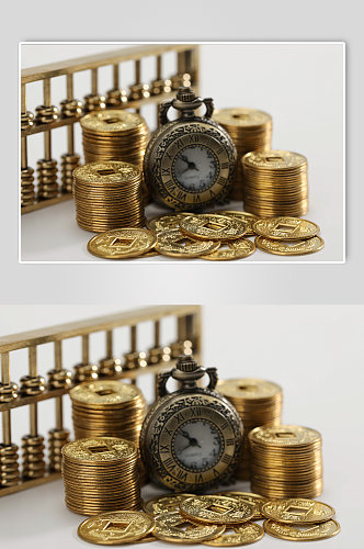 一袋铜币货币算盘怀表金融贸易摄影图片
