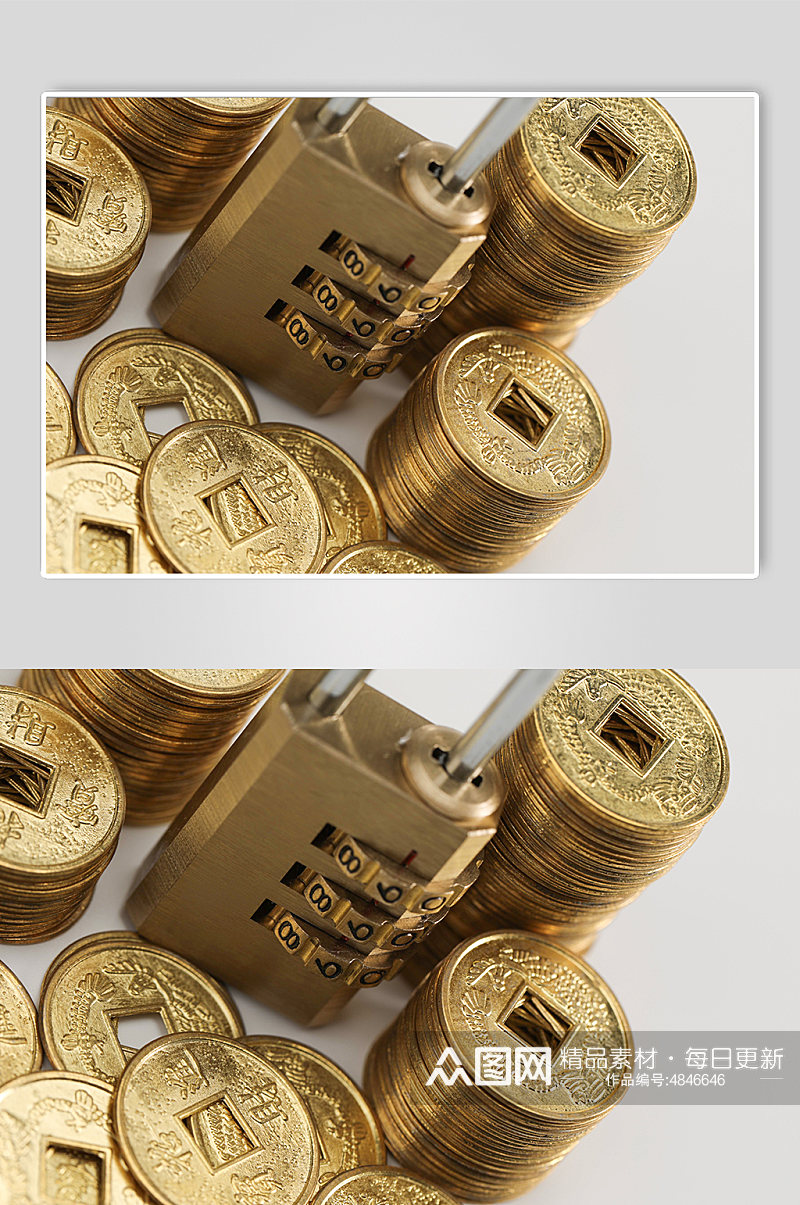 一堆铜币货币黄铜锁金融贸易摄影图片素材