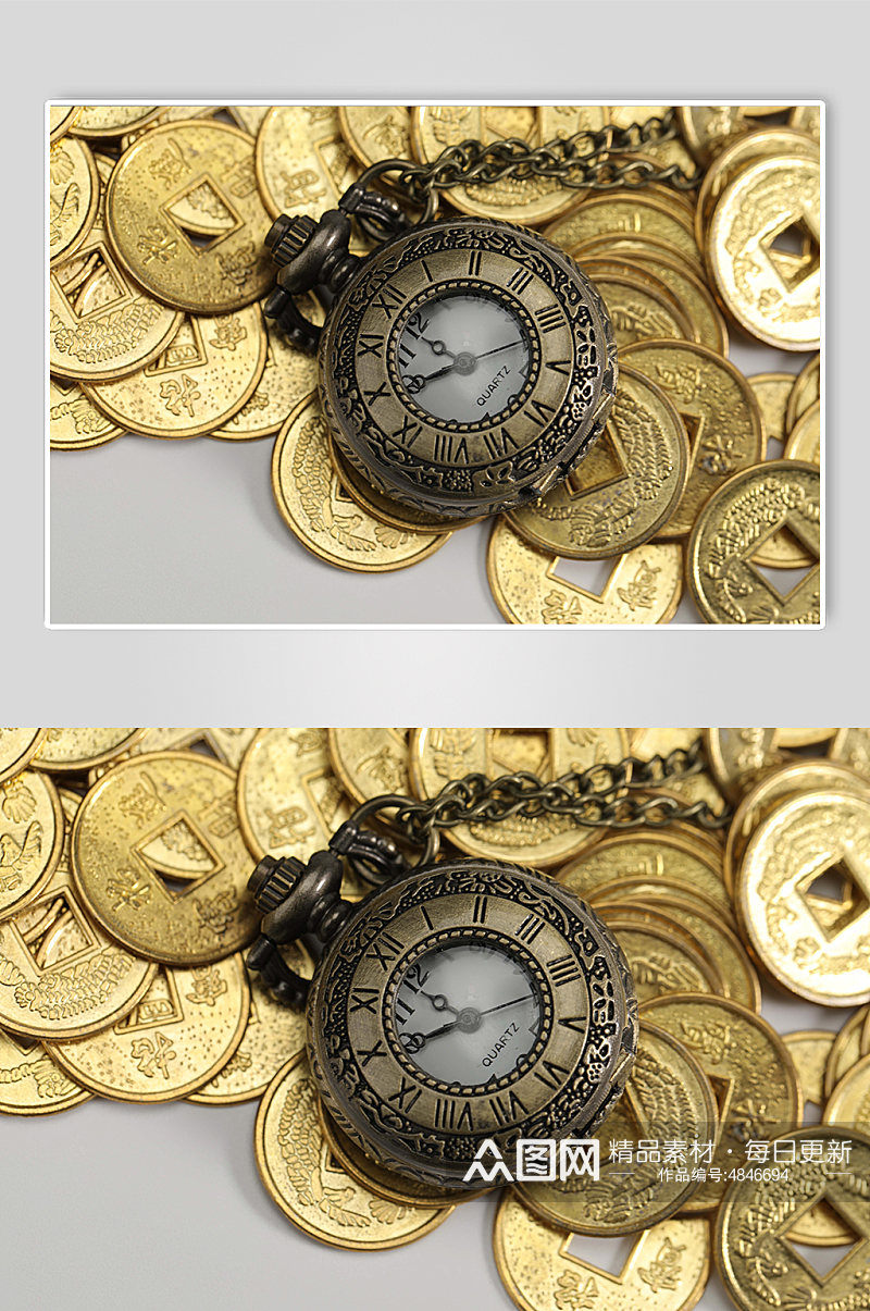 一堆铜币货币怀表金融贸易摄影图片素材