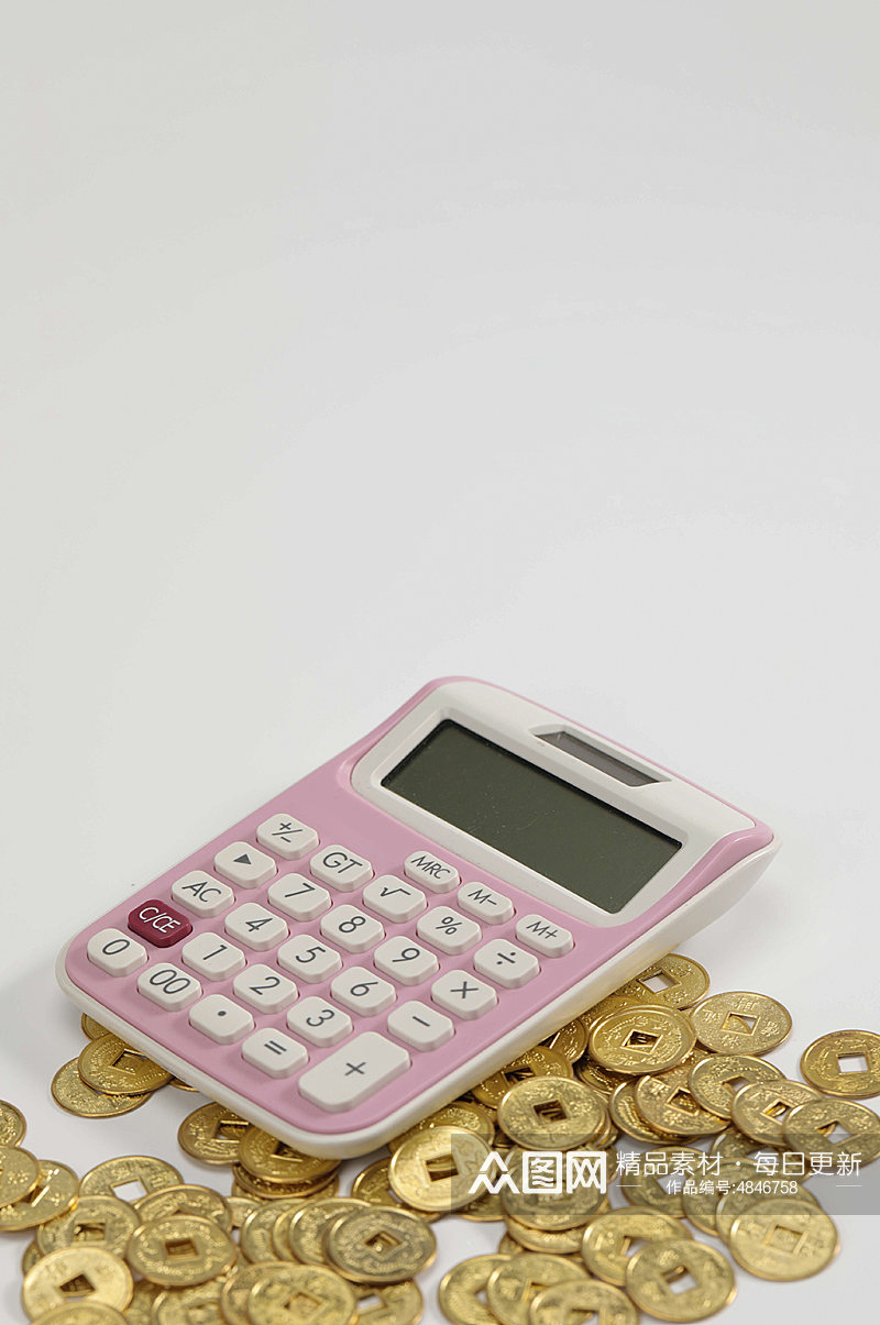 粉色计算器金币货币堆金融贸易摄影图片素材