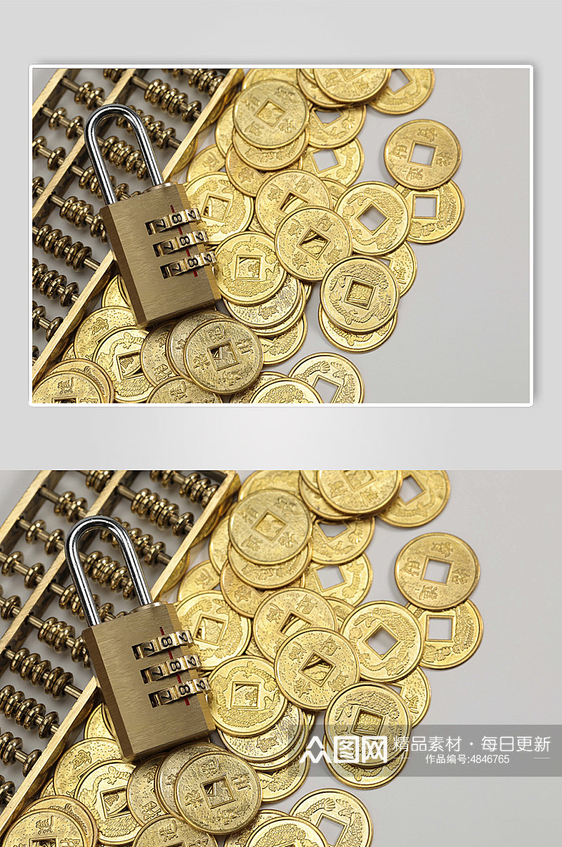 一堆铜币货币黄铜锁算盘金融贸易摄影图片素材