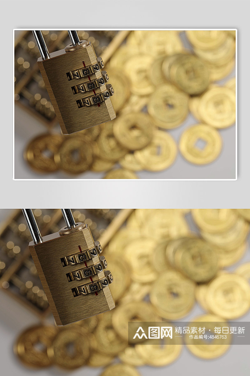 一堆铜币货币黄铜锁算盘金融贸易摄影图片素材