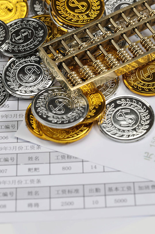 金币银币货币堆算盘金融贸易摄影图片