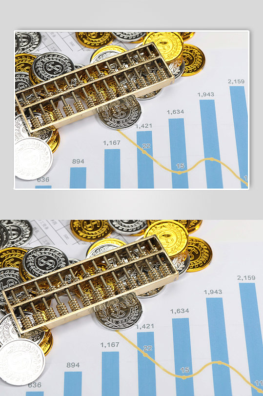 金币银币货币堆算盘金融贸易摄影图片