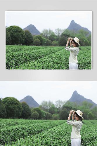 新中式国风茶园茶道茶文化草帽人物摄影图