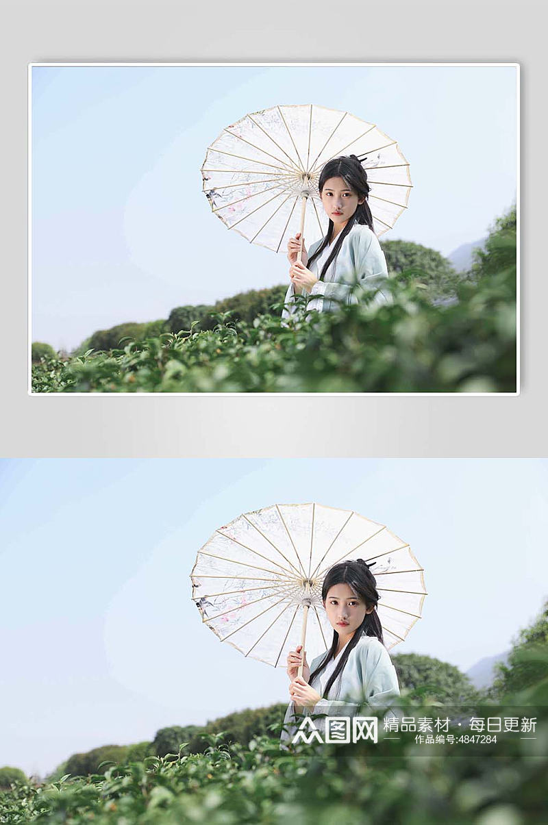 漫步春季茶园汉服少女撑油纸伞人物摄影图素材