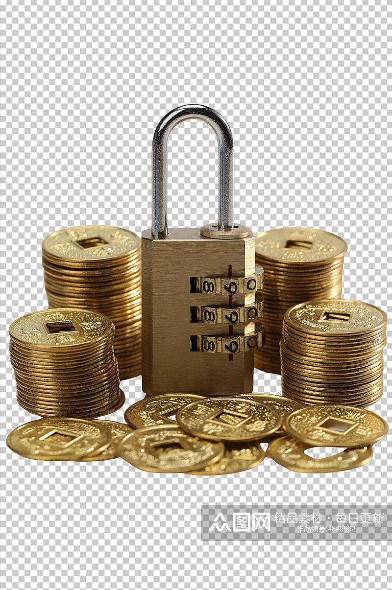 黄铜锁金币货币金融贸易PNG免抠摄影图素材