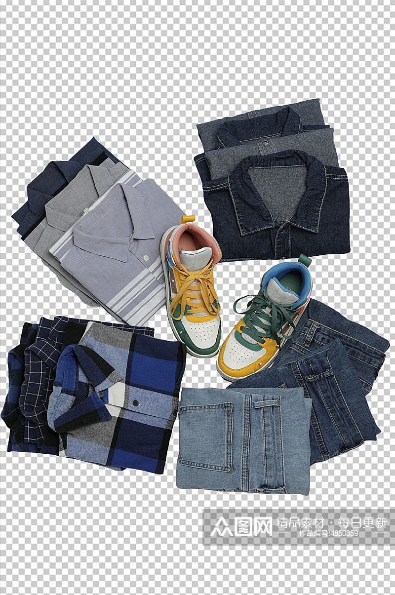 男士衬衫牛仔衣裤运动鞋PNG免抠摄影图素材