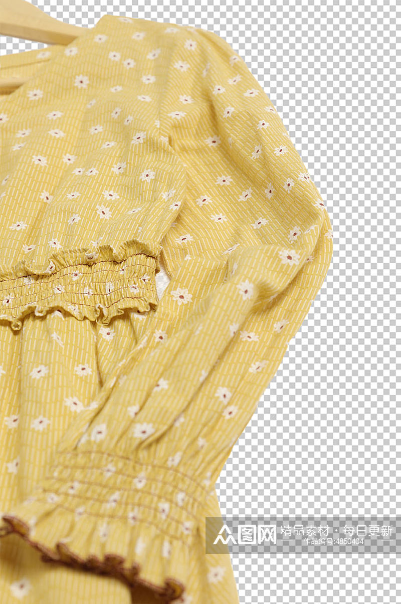 黄色碎花鱼尾裙长袖连衣裙PNG免抠摄影图素材