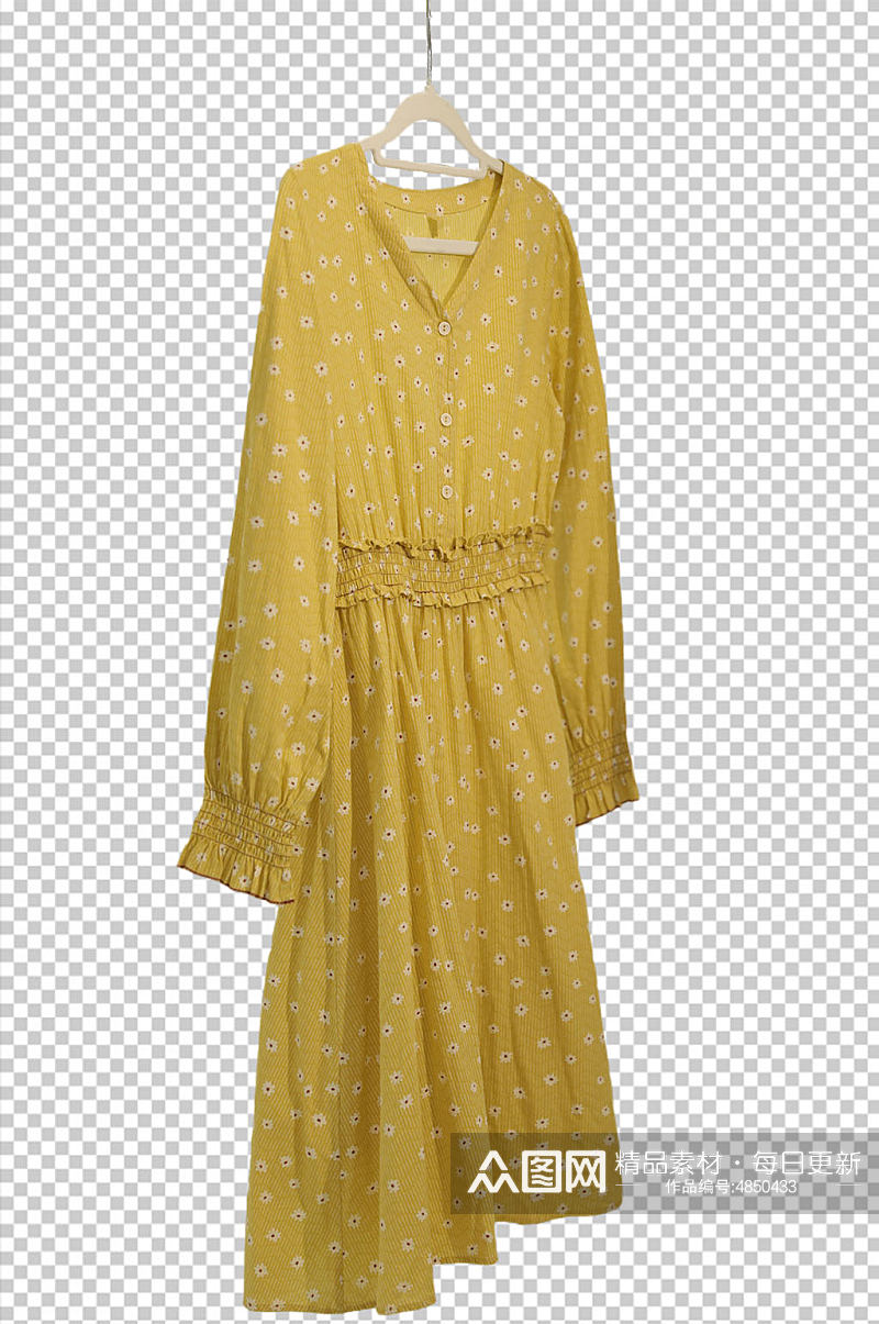 黄色碎花鱼尾裙长袖连衣裙PNG免抠摄影图素材