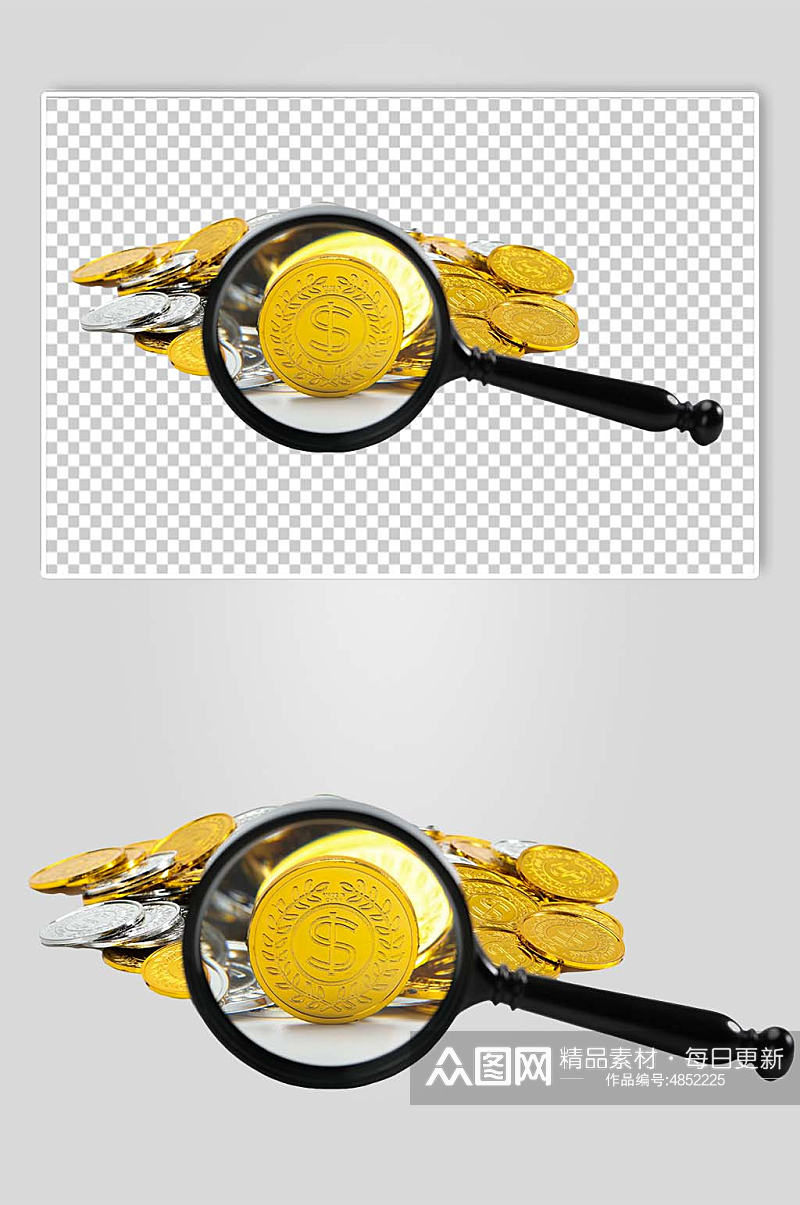 放大镜金币堆货币PNG免抠摄影图素材