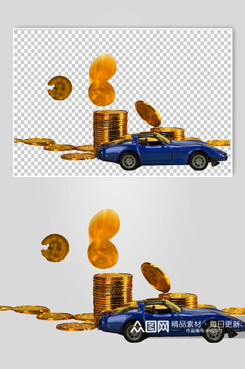 微距玩具汽车模型金币硬币PNG免抠摄影图素材