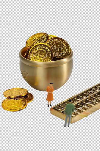 微距小人算盘聚宝盆硬币PNG免抠摄影图