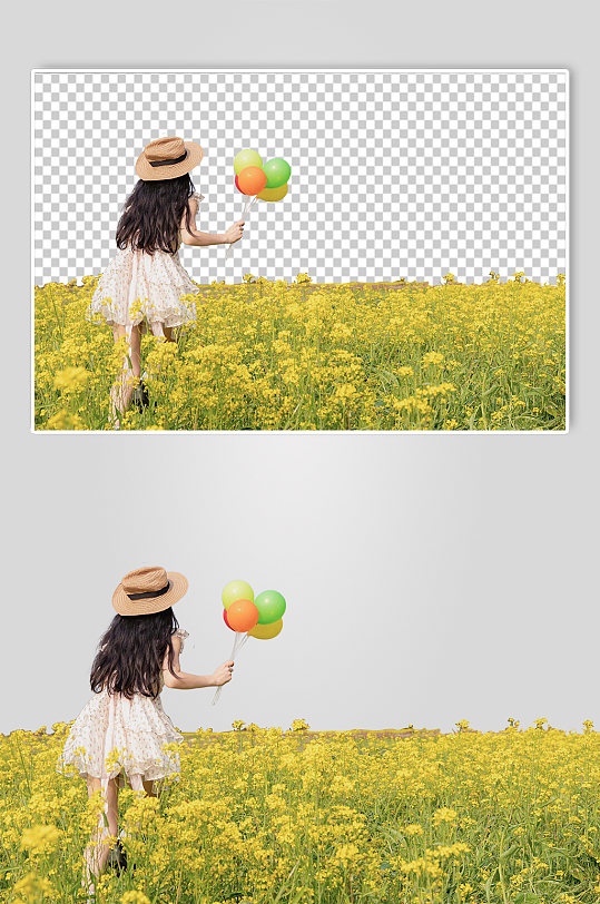 清新连衣裙少女油菜花气球PNG免抠摄影图