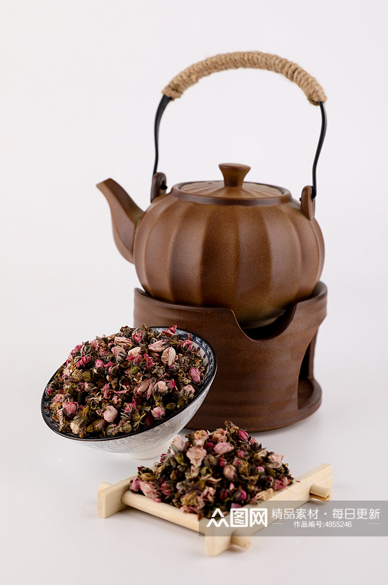 茶道茶壶玫瑰花茶叶花茶摄影图片素材
