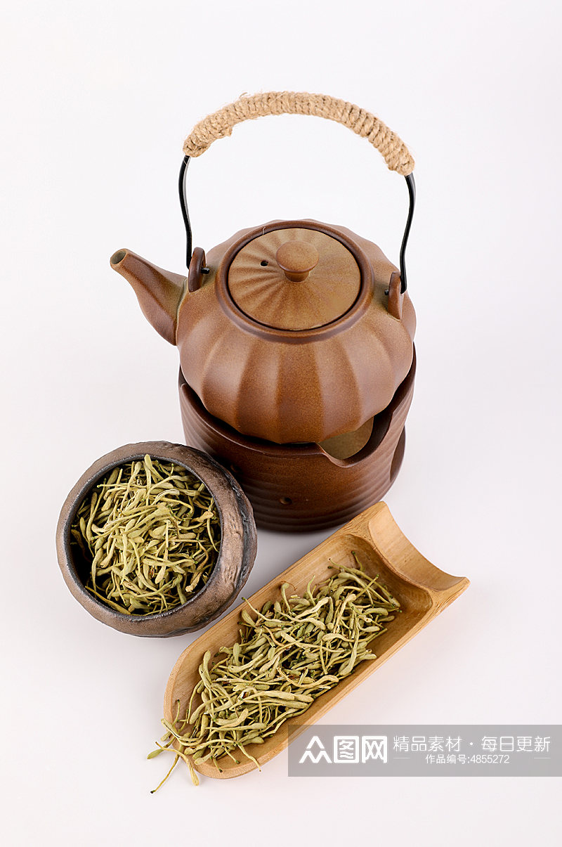 茶道茶壶金银花茶叶花茶摄影图片素材