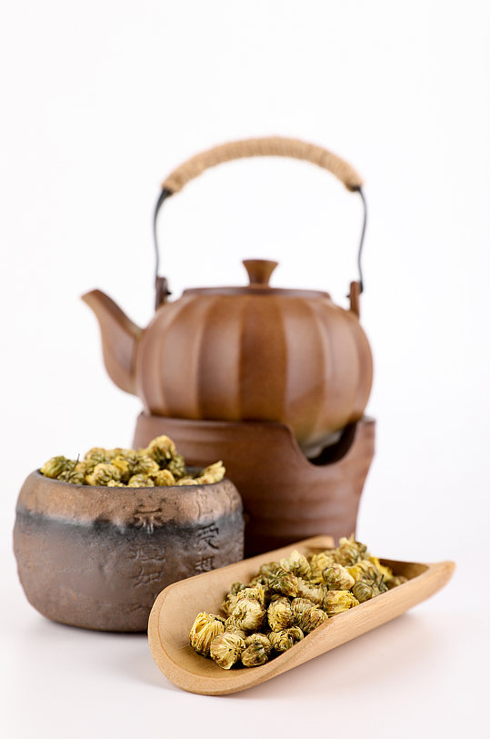 茶道茶壶胎菊菊花茶叶花茶摄影图片