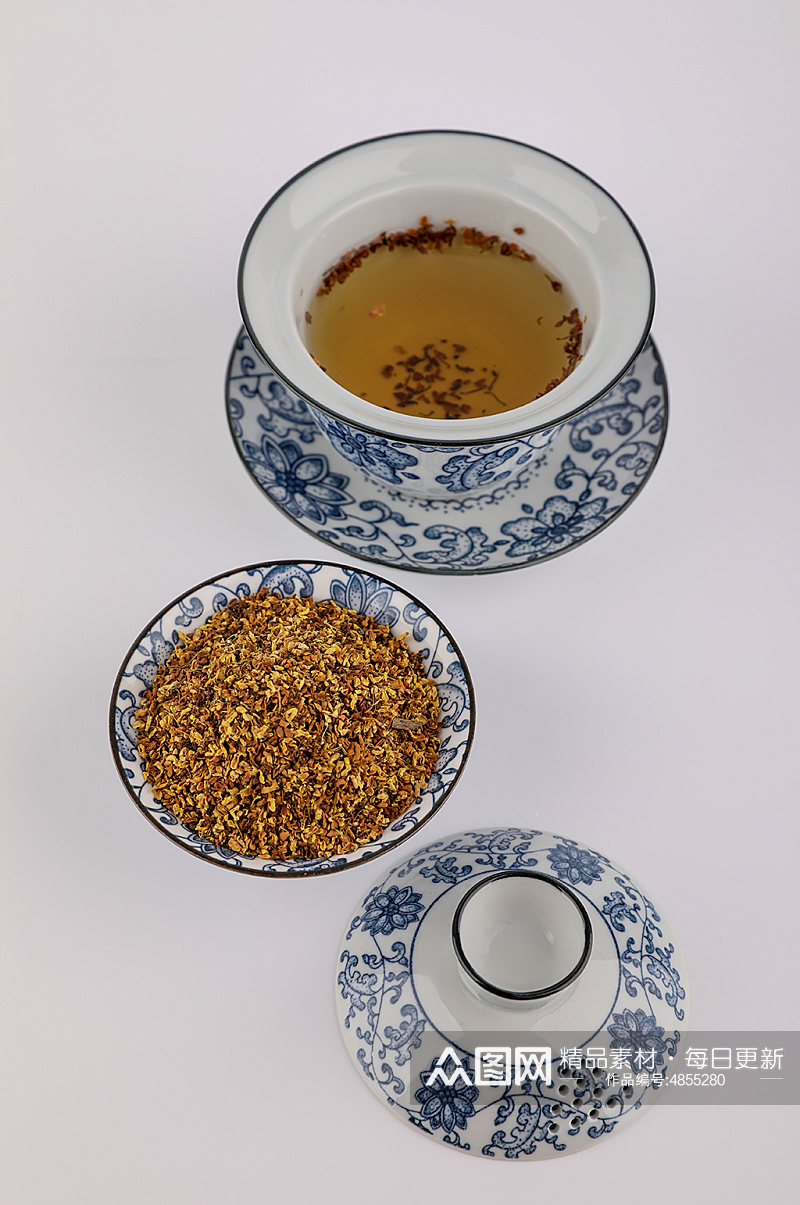 中式茶具冲泡桂花花茶茶叶摄影图片素材