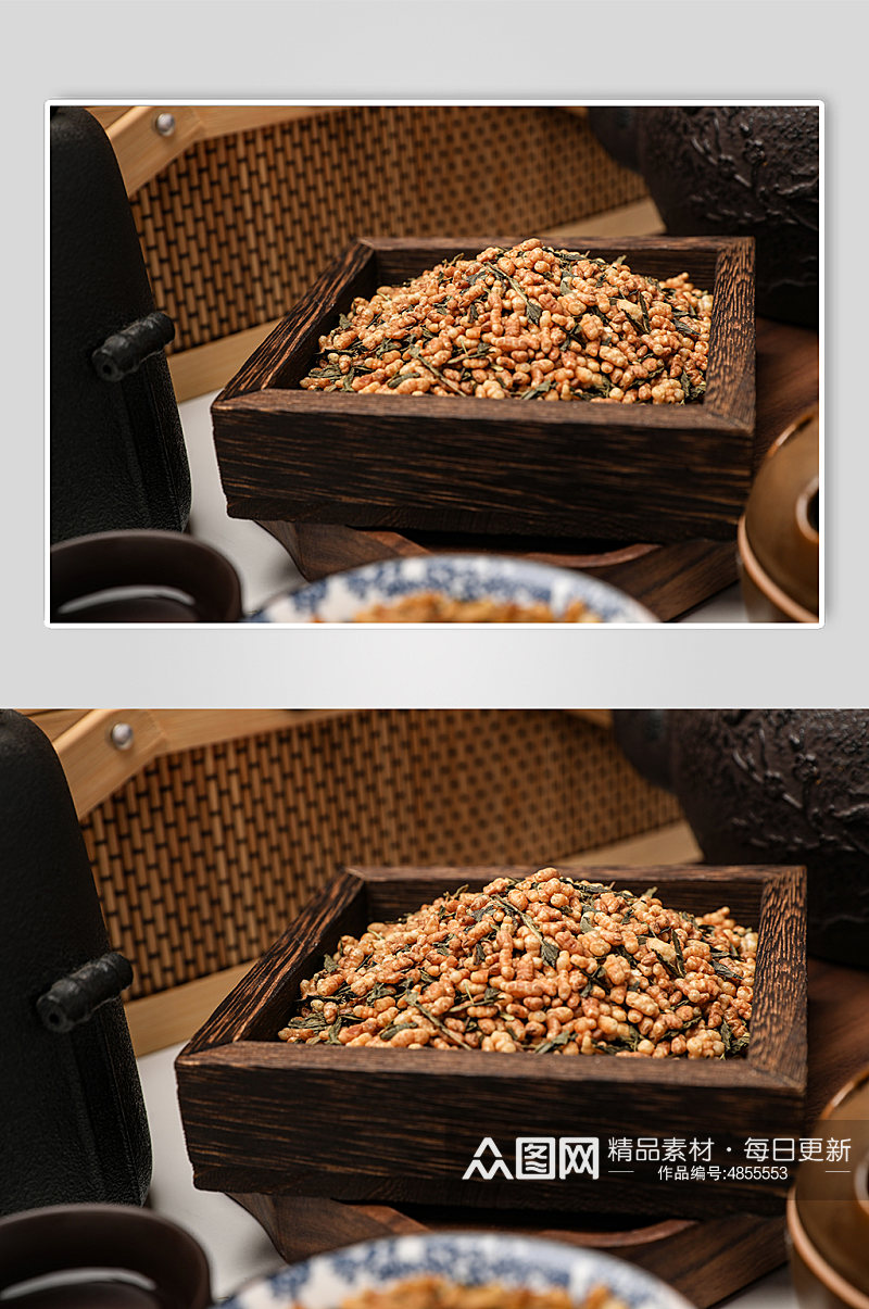 木制托盘玄米茶糙米茶花茶茶叶摄影图片素材