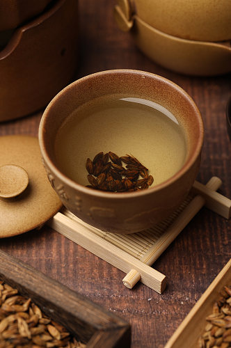 中式布景大麦茶苦茶花茶茶文化摄影图片