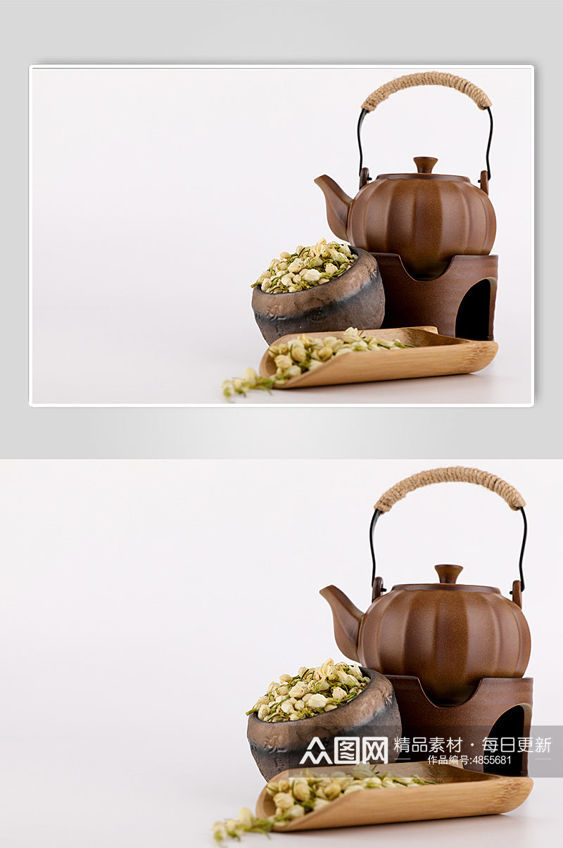 粗陶茶杯茶壶茉莉花茶花茶茶叶摄影图片素材