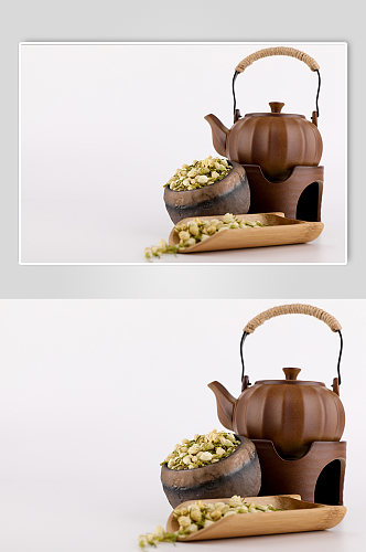 粗陶茶杯茶壶茉莉花茶花茶茶叶摄影图片