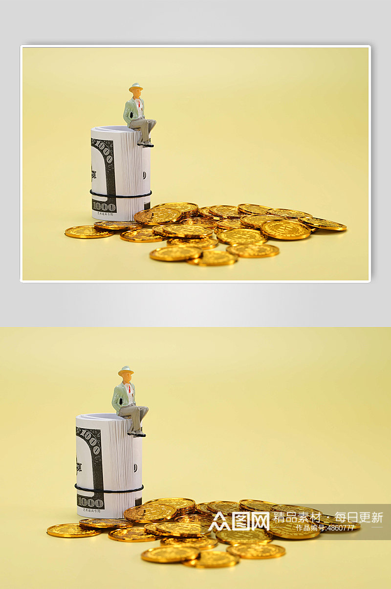 创意微缩小人纸币货币金融保险物品摄影图片素材