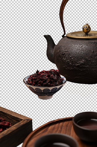 黑陶茶壶玫瑰茄茶文化花茶PNG免抠摄影图