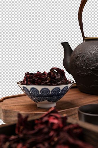 黑陶茶壶玫瑰茄茶文化花茶PNG免抠摄影图