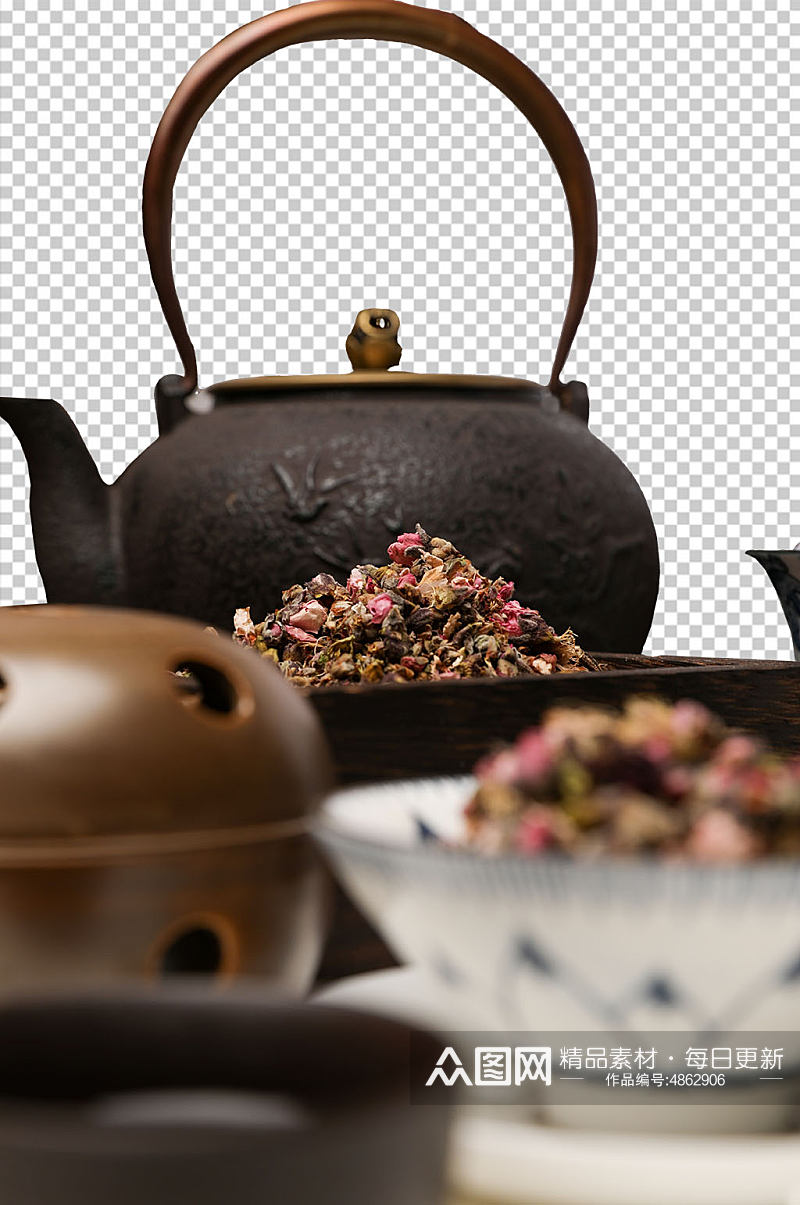 黑陶茶壶桃花茶茶文化花茶PNG免抠摄影图素材