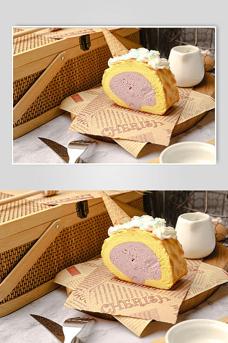 独角兽虎皮蛋糕卷芋泥美食西点甜点摄影图片