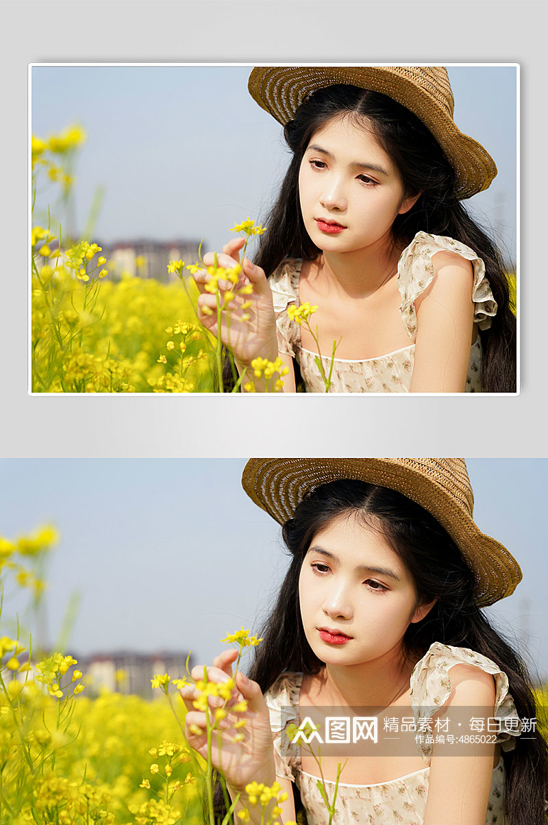 遮阳帽清新少女春季花季油菜花人物摄影图片素材