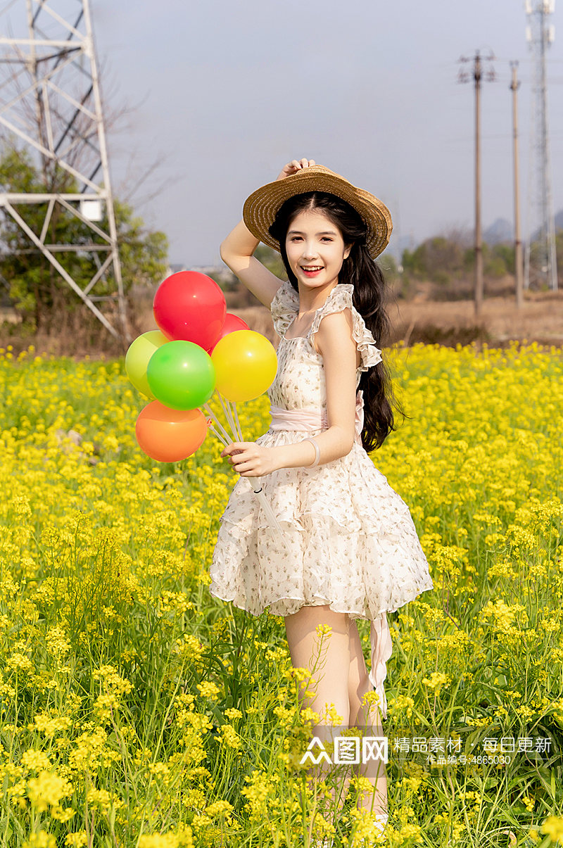 气球清新少女春季花季油菜花人物摄影图片素材