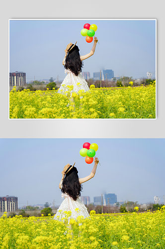 气球清新少女春季花季油菜花人物摄影图片