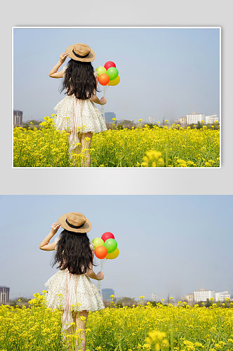 气球清新少女春季花季油菜花人物摄影图片