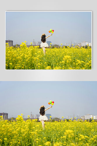 气球清新少女春季花季油菜花人物摄影图片