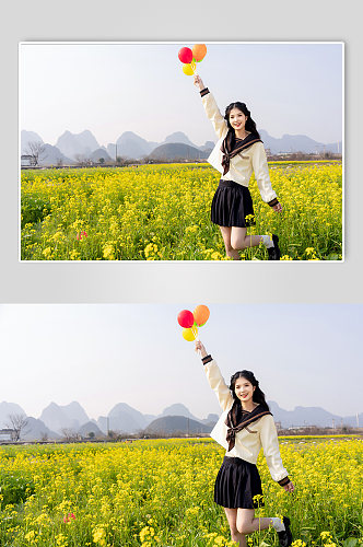 气球清新少女春季花季油菜花人物摄影图片