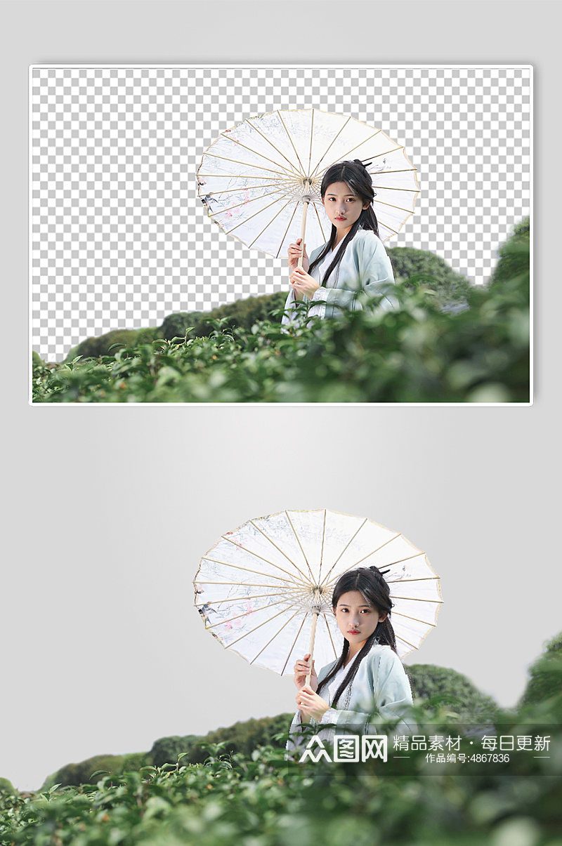 漫步茶园汉服少女撑油纸伞PNG免抠摄影图素材