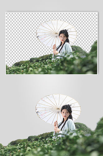 漫步茶园汉服少女撑油纸伞PNG免抠摄影图