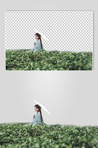 漫步茶园汉服少女撑油纸伞PNG免抠摄影图