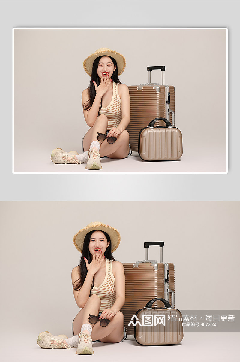 手拿墨镜坐在地上行李箱旅行人物摄影图片素材