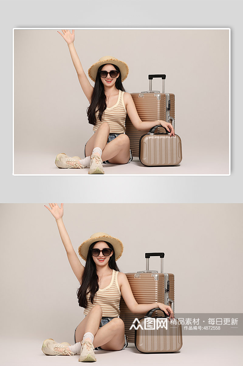 举手墨镜坐在地上行李箱旅行人物摄影图片素材